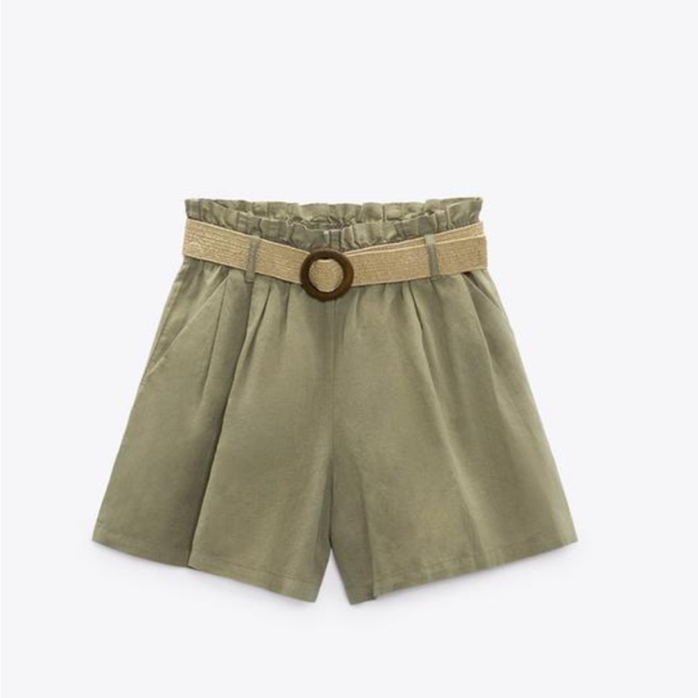 Zara Belted Linen Blend Paper-bag Shorts